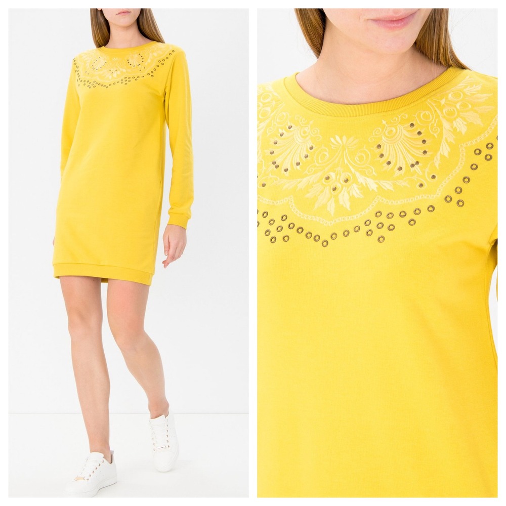 Desigual Womens Yellow Embroidered Studded Sweatshirt Dress Size XXL